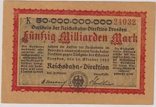 50 Milliarden Mark Banknote Dresden Reichsbahndirektion 26.10.1923 (108452)