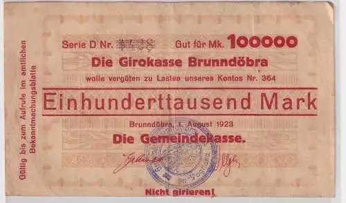 100000 Mark Banknote Inflation Girokasse Brunndöbra 1.August 1923 (164792)