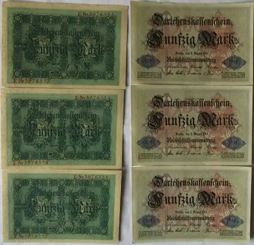 3 x 50 Mark Banknoten Darlehnskassenschein 5.8.1914 fortlaufende Nr. (106389)