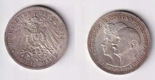 3 Mark Silbermünze Anhalt Silberhochzeit 1914 Jäger 24 vz (168250)