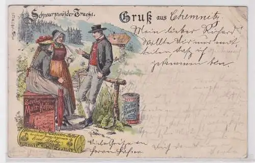 07633 Reklame AK Gruß aus Chemnitz, Schwarzwälder Tracht Seelig Malz-Kaffee 1901