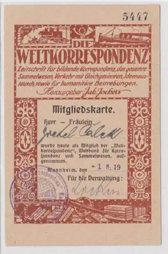 60345 Mitgliedskarte Weltkorrespondenz und Sammelwesen Mannheim 1919