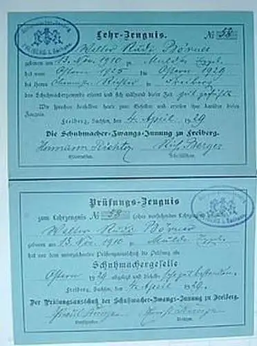 Lehrbrief Schuhmacher Zwangs Innung zu Freiberg 1929