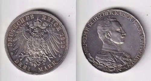 3 Mark Silbermünze Preussen Kaiser Wilhelm II in Uniform 1913 Jäger 112 (143070)