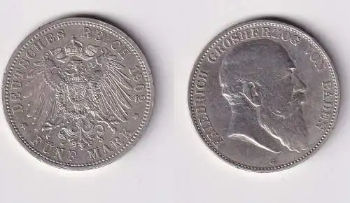 5 Mark Silbermünze Baden Großherzog Friedrich 1902 Jäger 33  (150197)