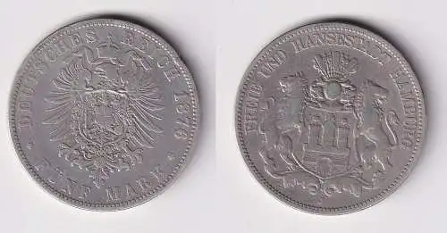 5 Mark Silbermünze Freie und Hansesatdt Hamburg 1876 Jäger 62  (157112)