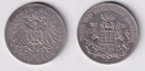 5 Mark Silbermünze Freie und Hansesatdt Hamburg 1893 Jäger 65 ss (160550)