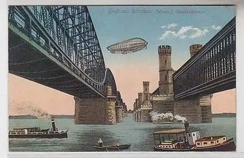 64195 Ak Gruß aus Dirschau Westpreußen Zeppelin Weichselbrücke 1915