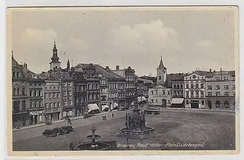 67790 Ak Braunau Platz mit Brunnen und Geschäften (Sudetengau) um 1930