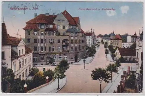 89865 AK Reichenbach in Schlesien - Neue Bahnhof- & Poststraße mit Hotel 1919