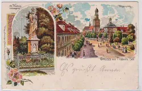 91892 Ak Lithographie Gruß aus Trebnitz in Schlesien Klosterplatz 1900