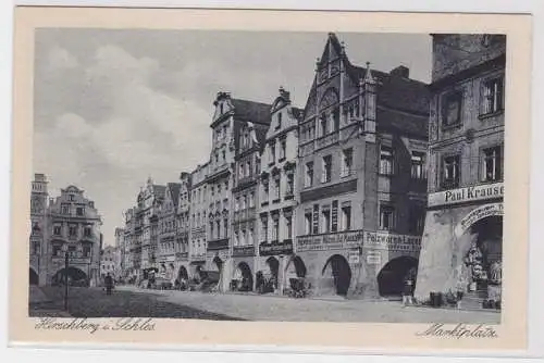 91678 Ak Hirschberg in Schlesien Marktplatz mit Geschäften um 1930