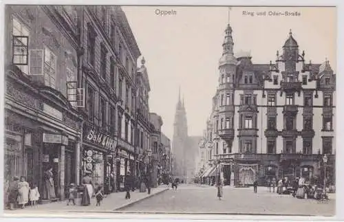 91946 Ak Oppeln Opole Ring und Oderstraße mit Geschäften um 1910