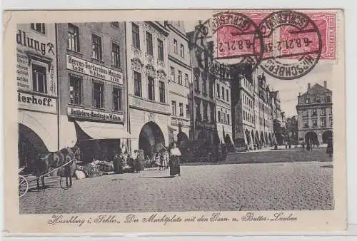 65922 Ak Hirschberg i. Schlesien Marktplatz mit den Garn- u. Butter-Lauben 1921