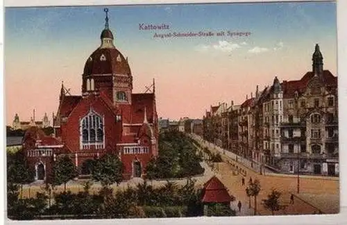 53029 Ak Kattowitz Oberschlesien August Schneider Strasse mit Synagoge 1920