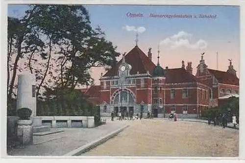 43990 Ak Oppeln Bismarckgedenkstein und Bahnhof 1916