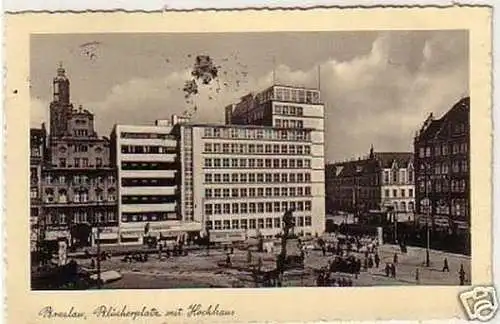 32639 Ak Breslau Blücherplatz mit Hochhaus 1935