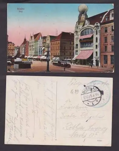 02154 Feldpost Ak Breslau Ring mit Straßenbahn 1915