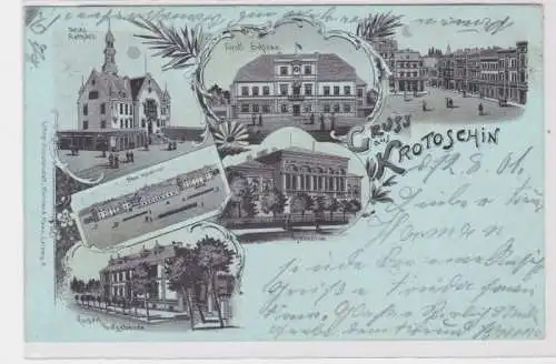 91688 Mondscheinkarte Gruss aus Krotoschin Kaserne, Postgebäude usw. 1901