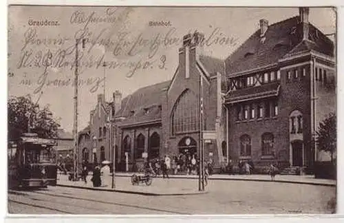 52259 Feldpost Ak Graudenz Bahnhof mit Strassenbahn 1915