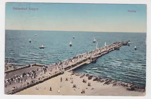 59556 AK Ostseebad Zoppot (Sopot) - Seesteg, Seebrücke, Boote am Strand 1912