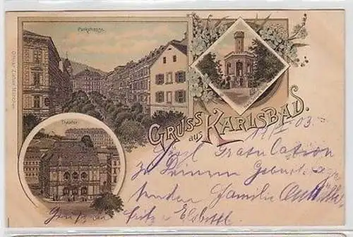 63110 Ak Lithographie Gruss aus Karlsbad Parkstraße, Theater, Franz Josephs Höhe