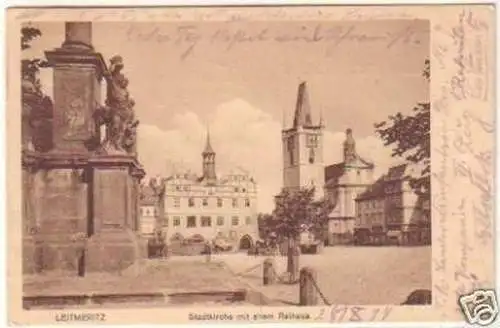 25112 Ak Leitmeritz Stadtkirche mit altem Rathaus 1914