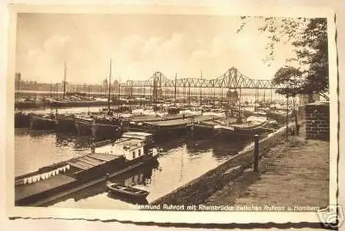 schöne Ak Hafenmund Ruhrort mit Rheinbrücke um 1940