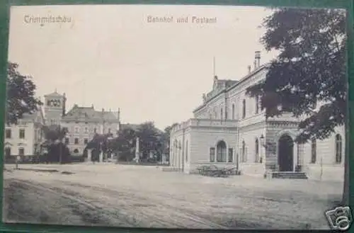 schöne Ak Crimmitschau Bahnhof und Postamt 1916