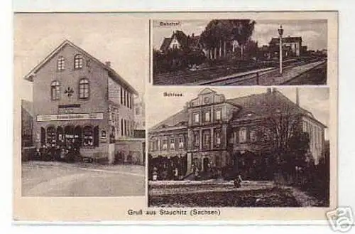 00914 Ak Gruss aus Stauchitz Bahnhof usw. 1925