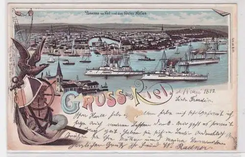 92034 Lithografie AK Gruss aus Kiel - Panorama von Kiel & dem Kieler Hafen 1898