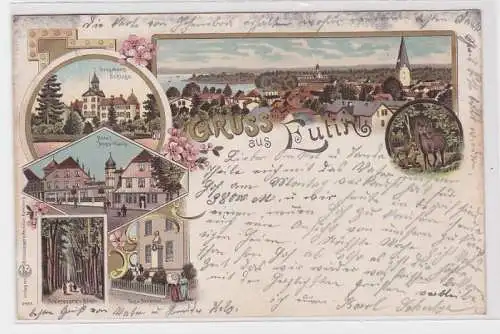 85877 Lithografie AK Gruss aus Eutin, Schloss, Hôtel, Denkmal & Schlosspark 1899