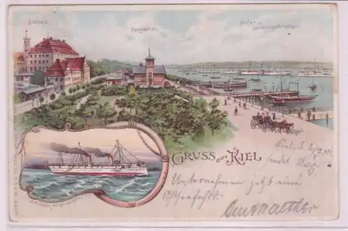 75231 Ak Lithographie Gruß aus Kiel Schloss, Hafen und Landungsbrücke usw. 1901