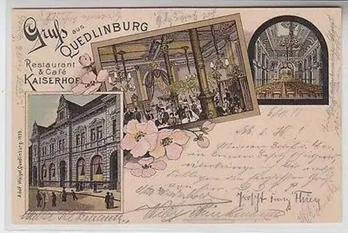 63930 Ak Lithographie Gruß aus Quedlinburg Restaurant & Café Kaiserhof 1898