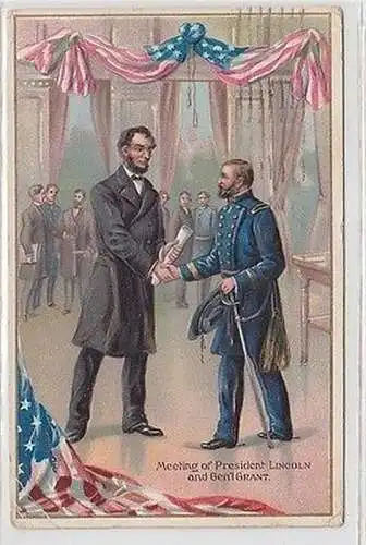 61646 Patriotika Präge Ak USA Meeting of President Lincoln & General Grant 1911