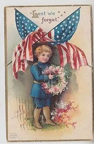 61636 Patriotika Präge Ak USA Kind unter Flagge Fahne "Lest we forget" 1911