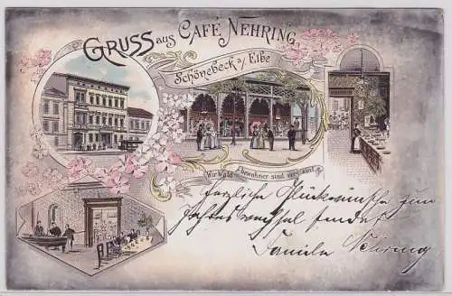 91915 Ak Lithographie Gruß vom Café Nehring Schönebeck 1900