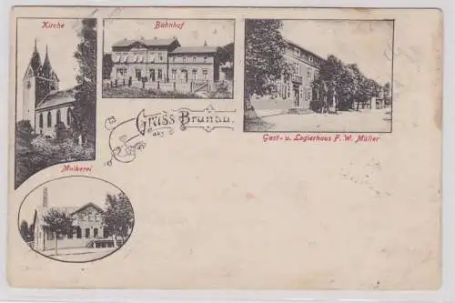 82594 Mehrbild Ak Gruss aus Brunau - Kirche, Bahnhof, Molkerei & Gasthaus 1904