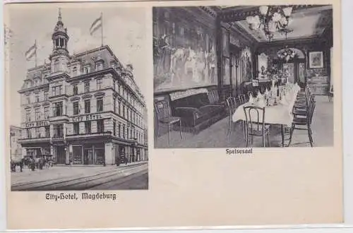 91060 Mehrbild Ak Magdeburg City Hotel Aussenansicht & Speisesaal 1910