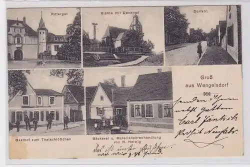 88717 Mehrbild AK Gruß aus Wengelsdorf, Rittergut Gasthof Bäckerei & Kirche 1929