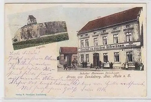 63543 Ak Gruß aus Landsberg bei Halle Gasthof zu den drei Schwänen 1916