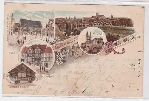 13452 AK Gruss aus Quedlinburg - Rathaus, Schloss, Klopstorkhaus & -denkmal 1897