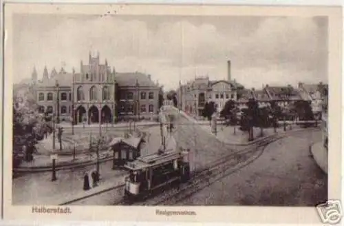 15626 Ak Halberstadt Realgymnasium Straßenbahn 1916