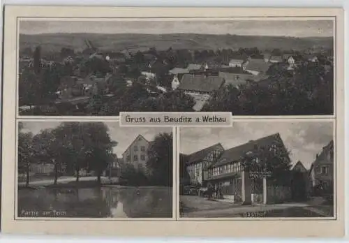 92589 AK Gruss aus Beuditz an der Wethau - Partie am Teich, Gasthof & Panorama