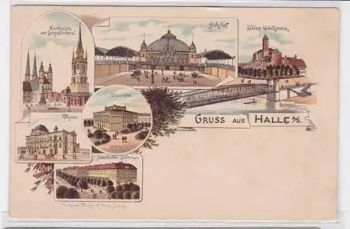 91814 AK Gruss aus Halle an der Saale, Bahnhof, Schloss, Marktplatz, Universität