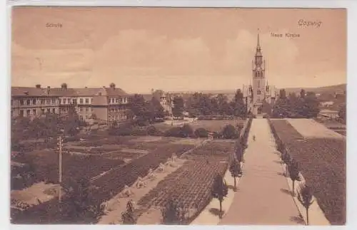 92727 AK Coswig - Straßenansicht mit Schule und neuer Kirche 1927