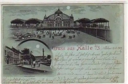 47022 Mondscheinkarte Gruß aus Halle Bahnhof 1909