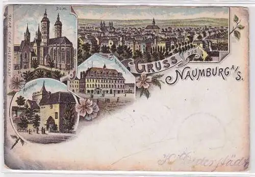 93944 Lithografie AK Gruss aus Naumburg - Dom, Rathaus, Marienthor & Totale 1898