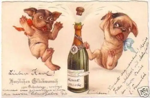 25399 Humor Ak Geburtstag Sekt und 2 Hunde 1928