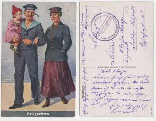 95272 Künstler AK Kriegseltern, Familie mit Kind, Matrose, Marine S.M.S Bayern